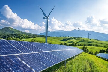 serene solar farm and towering wind turbine stand in lush green fields against a pristine blue sky, for clean energy, sustainable future, eco-friendly and renewable energy concept, ai