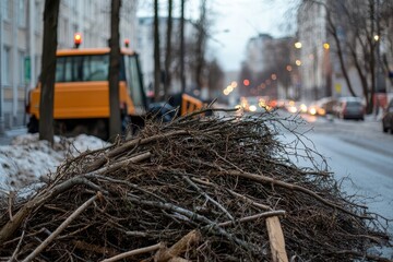 Tractor bucket holds removed tree branches on urban street