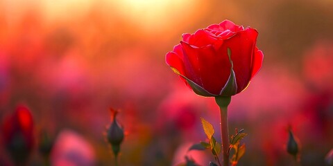 Fototapeta premium A beautiful red rose stands out against a soft, colorful background. The vibrant petals and gentle light capture the essence of nature. Perfect for floral designs and romantic themes. AI