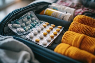 Travel bag with clothing and medication essentials for the trip