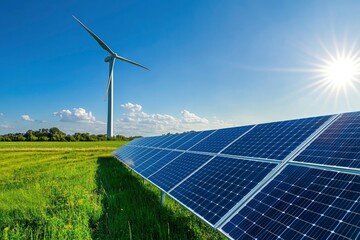serene solar farm and towering wind turbine stand in lush green fields against a pristine blue sky, for clean energy, sustainable future, eco-friendly and renewable energy concept, ai