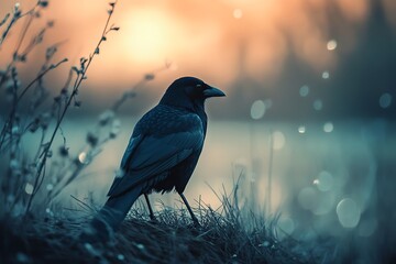 Fototapeta premium Silhouette of a crow at sunset on a misty lake, creating a moody and mysterious atmosphere