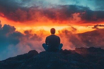 Obraz premium Silhouette of man meditating on mountain top at sunset. Conceptual image for peace, mindfulness, and inner strength.