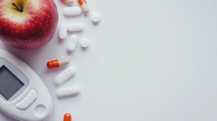 Apples, pills, capsules and a glucometer on a white background with space for text. Visual elements represent diabetes management. The concept of awareness of World Diabetes Day. AI.