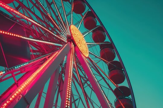 Vibrant Ferris wheel at sunset glowing with neon lights Green toned background with space for text Rosolina Mare amusement park Veneto Italy