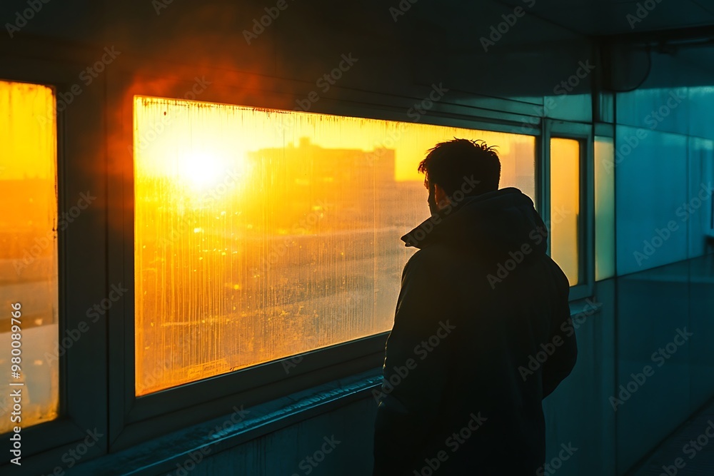 Poster Silhouette of man looking out window at sunset over city. Concept of hope, reflection, and inspiration.