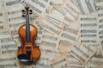 Fototapeta premium Violin on sheet music backdrop