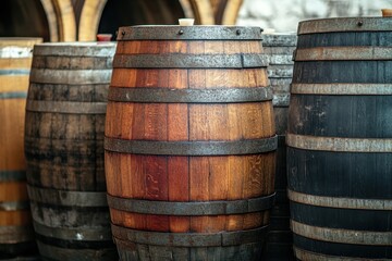 Fototapeta premium Wine or brandy casks at a vineyard Piles of casks An antique whiskey cask A vintage single malt whisky