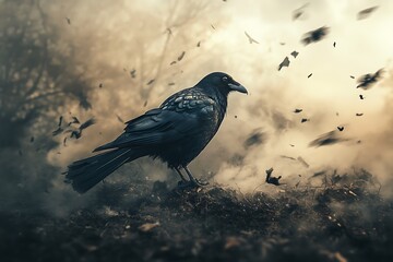 Fototapeta premium Black crow standing in the wind and rain. Dark, moody, mysterious, and atmospheric photography.