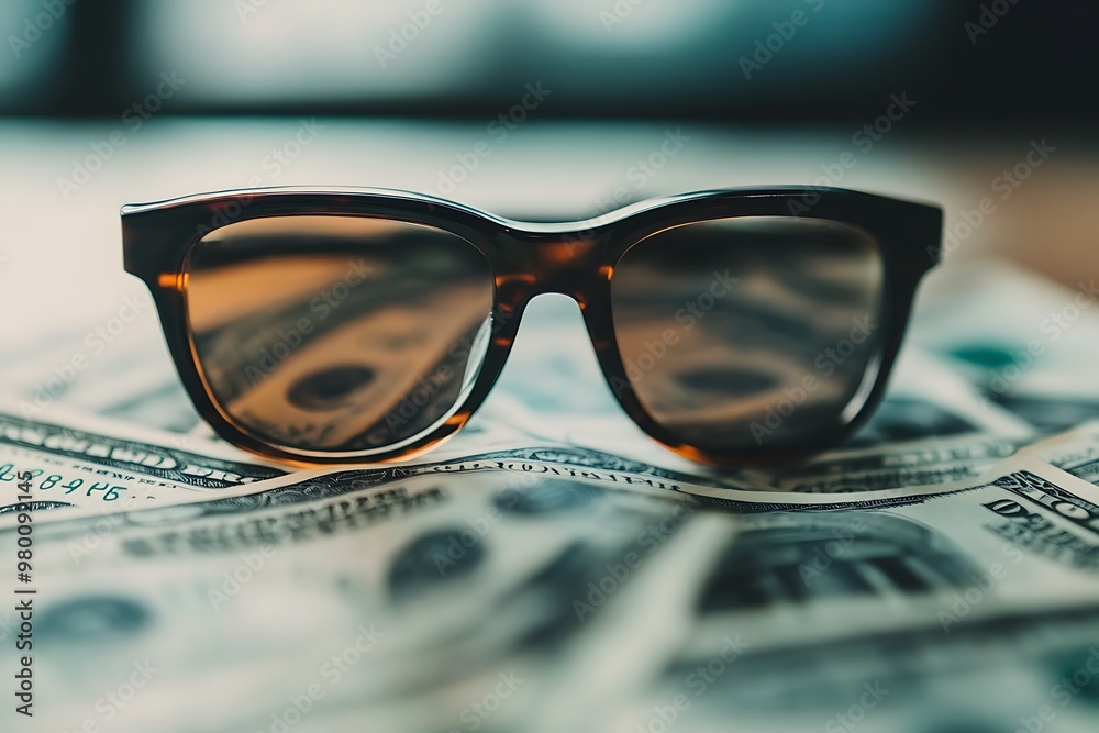 Wall mural Sunglasses on top of a pile of dollar bills. Concept of wealth, luxury, and success