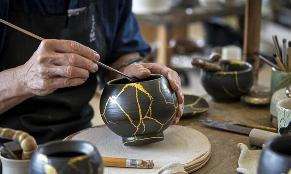 Kintsugi pottery artist. A Japanese artist repairs a bowl with kintsugi, a traditional technique using gold lacquer. The workspace is filled with tools, pottery and craftsmanship.