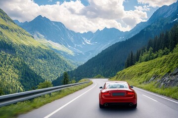 Red car driving on nature road between green mountains in summer. Nature landscape on highway for summer vacation travel. Mountain road view on beautiful nature trip in Europe. car drive highway, ai