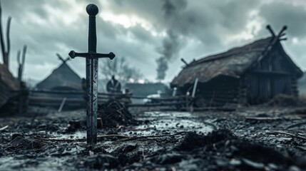 Obraz premium Viking sword buried in the mud with a Viking village in the background