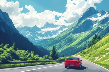 Red car driving on nature road between green mountains in summer. Nature landscape on highway for summer vacation travel. Mountain road view on beautiful nature trip in Europe. car drive highway, ai