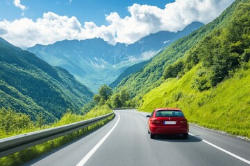 Red car driving on nature road between green mountains in summer. Nature landscape on highway for summer vacation travel. Mountain road view on beautiful nature trip in Europe. car drive highway, ai
