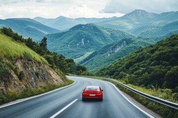 Red car driving on nature road between green mountains in summer. Nature landscape on highway for summer vacation travel. Mountain road view on beautiful nature trip in Europe. car drive highway, ai