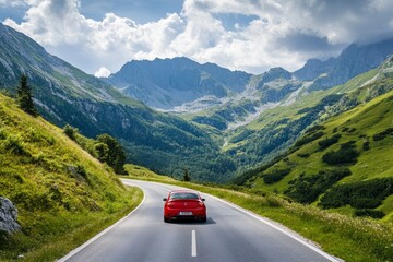 Red car driving on nature road between green mountains in summer. Nature landscape on highway for summer vacation travel. Mountain road view on beautiful nature trip in Europe. car drive highway, ai