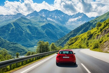 Red car driving on nature road between green mountains in summer. Nature landscape on highway for summer vacation travel. Mountain road view on beautiful nature trip in Europe. car drive highway, ai