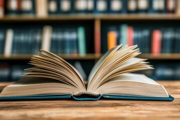 Fototapeta premium book with open pages, close up, books on the shelf in school, open book on wooden table. back to school concept, ai