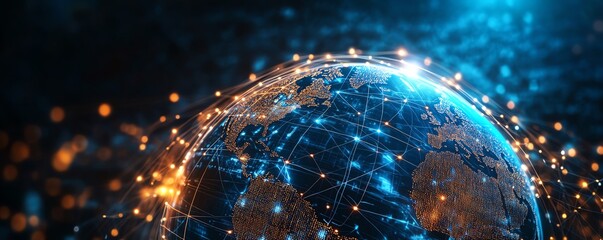 An abstract illustration of a glowing globe interconnected with digital nodes, symbolizing global connectivity and technology.