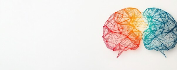Colorful wireframe depiction of two interconnected brains representing creativity and intelligence in a minimalist style.