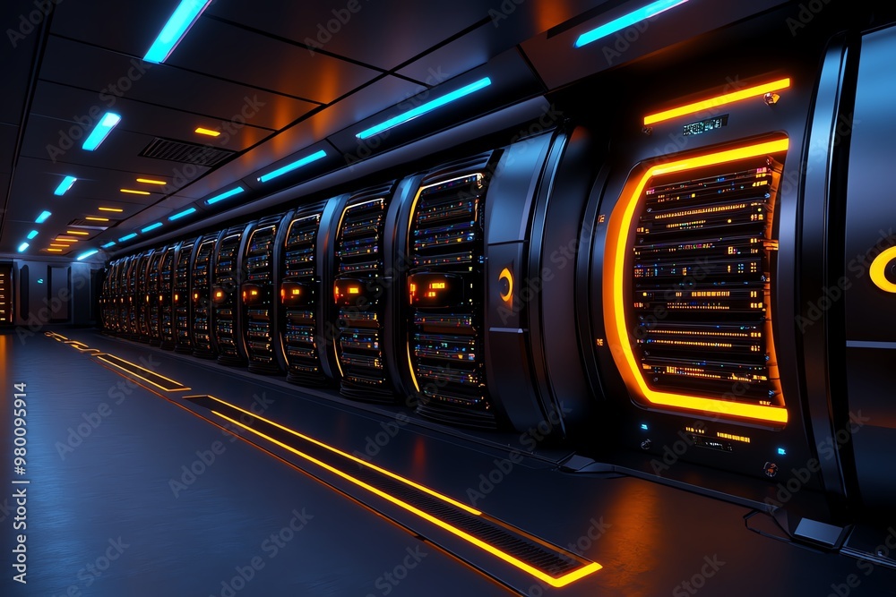 Poster A futuristic server room with glowing databases, featuring rows of data storage units and fiber optic cables