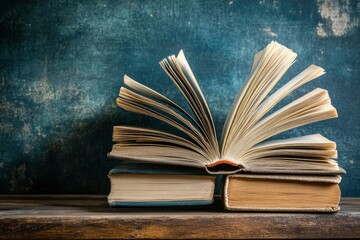 book with open pages, close up, books on the shelf in school, open book on wooden table. back to school concept, ai