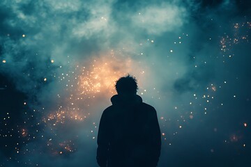 Silhouette of man standing in front of a blue sky filled with light bokeh. Abstract concept of dreams, hope, and future