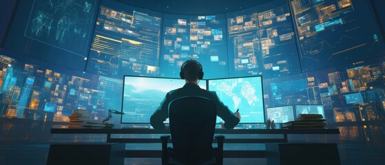 A software engineer debugging code and monitoring system performance on multiple digital displays