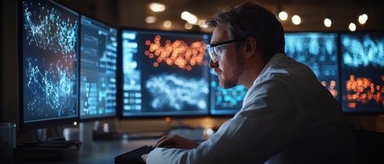 Fototapeta premium A scientist conducting virtual experiments and analyzing complex data visualizations on a multi-display setup