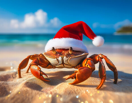Crabe sur une plage de sable fin avec un bonnet rouge de p&egrave;re No&euml;l