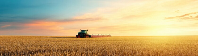 Fototapeta premium A picturesque sunset over a vast golden field with a tractor, symbolizing agriculture and rural life.