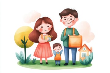 Cheerful family standing together outdoors, celebrating love and togetherness in a vibrant, colorful illustration.
