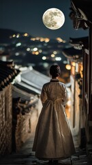 Naklejka premium Back view of korean asian woman in traditional korean dress or hanbok dress walking in old palace in night with full moon, Seoul city, South Korea,copy space.