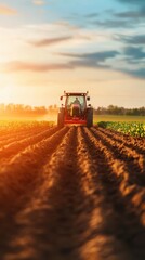Fototapeta premium Sunset view of a tractor plowing fertile farmland, showcasing the beauty of agriculture and rural landscape.