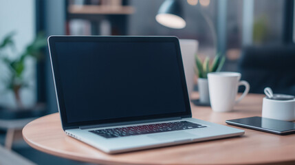 Fototapeta premium A well-organized workspace includes a sleek laptop, steaming coffee cup, and smartphone on a wooden table with plants in the background, creating a productive atmosphere
