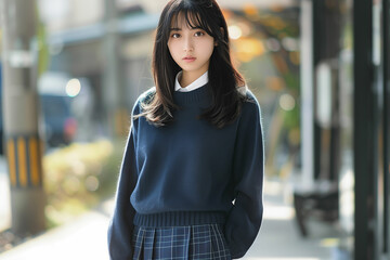 制服とネイビーセーターが映える女子高生