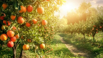 Beautiful fruit trees in a lush orchard, filled with ripe oranges, apples, and pears, set in a peaceful, sunlit natural environment