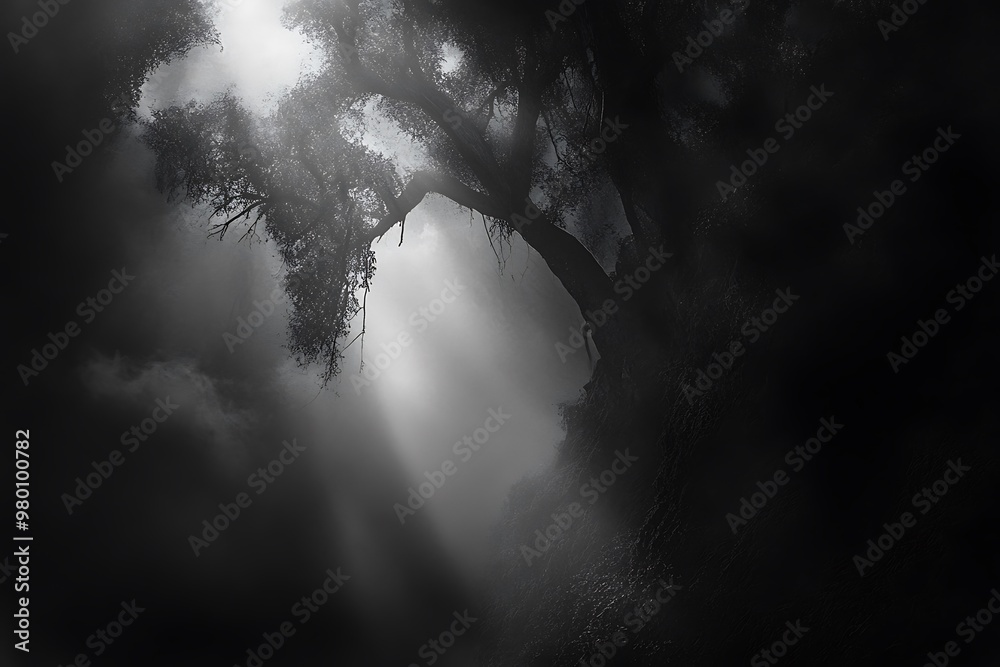 Wall mural mysterious silhouette of a tree with branches reaching towards a light source in the fog, creating a