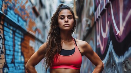 beautiful woman in sportswear looking at the camera in an alley with graffiti