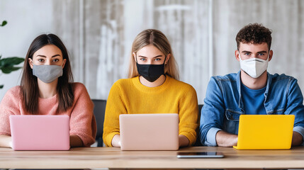 Three students diligently focus on their laptops in a warm study environment, wearing protective masks and engaging in their work