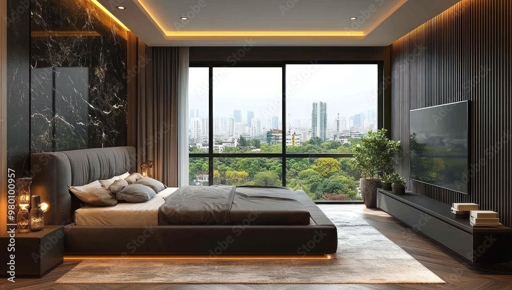 Wall mural modern bedroom with city view