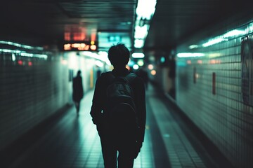 Silhouette of a lone woman walking through a dark subway tunnel. City life, urban exploration, solitude, and transportation concept.