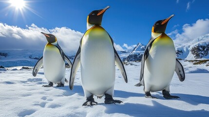 Fototapeta premium Three King Penguins on an Antarctic Landscape