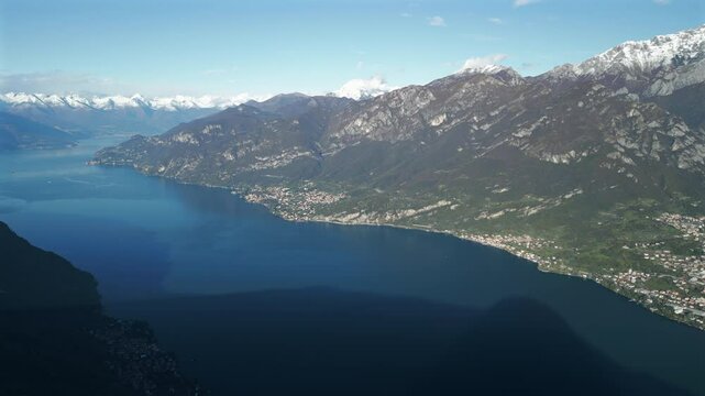 Aerial view of Lake Como, going north you meet Bellagio and in the background the Swiss Alps.