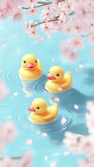 Yellow rubber duck in the bathtub with rubber duck toys in bathroom and cherry blossom in onsen,Bathtub full of foam with bubbles,relaxing in water,Vector illustration.