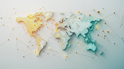 Abstract white background with Colorful business connection of line from nail node to node on world map background Innovation network points Earth's surface
