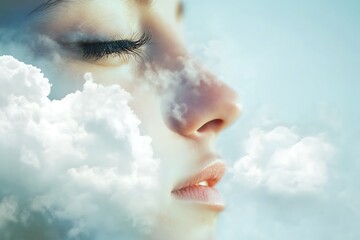 Abstract portrait of woman with clouds on her face, dreams, meditation, peace concept