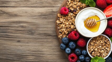 A breakfast spread with organic yogurt, granola, fresh berries, and a drizzle of honey, set on a natural wood table, highlighting the appeal of organic eating