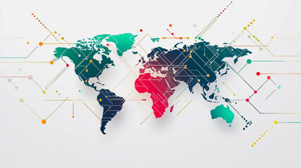 Fototapeta premium Abstract white background with Colorful business connection of line from nail node to node on world map background Innovation network points Earth's surface